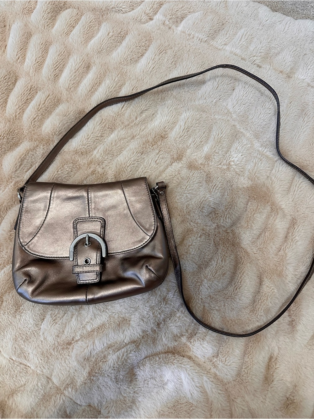 Vintage Coach Metallic Silver/Bronze Crossbody Bag with Buckle Accent